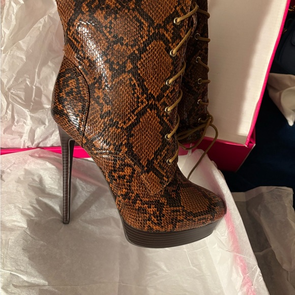 Shoe Dazzle Tan Snakeskin Lace-Up Heeled Boots - Picture 3 of 4